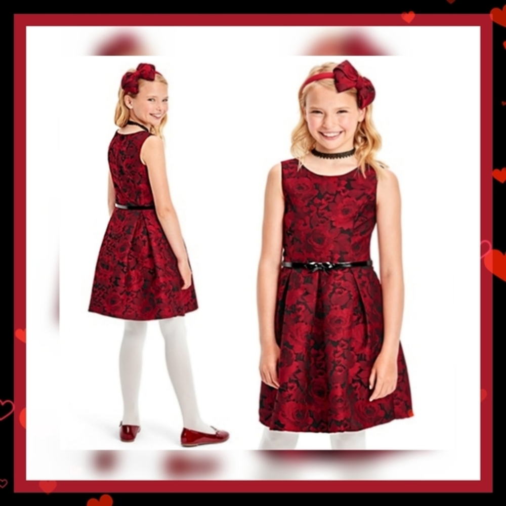 🆕️🆑 CHILDREN'S PLACE | Premium Floral Pleated Belted Formal Dress Red Black 12 - Picture 2 of 6